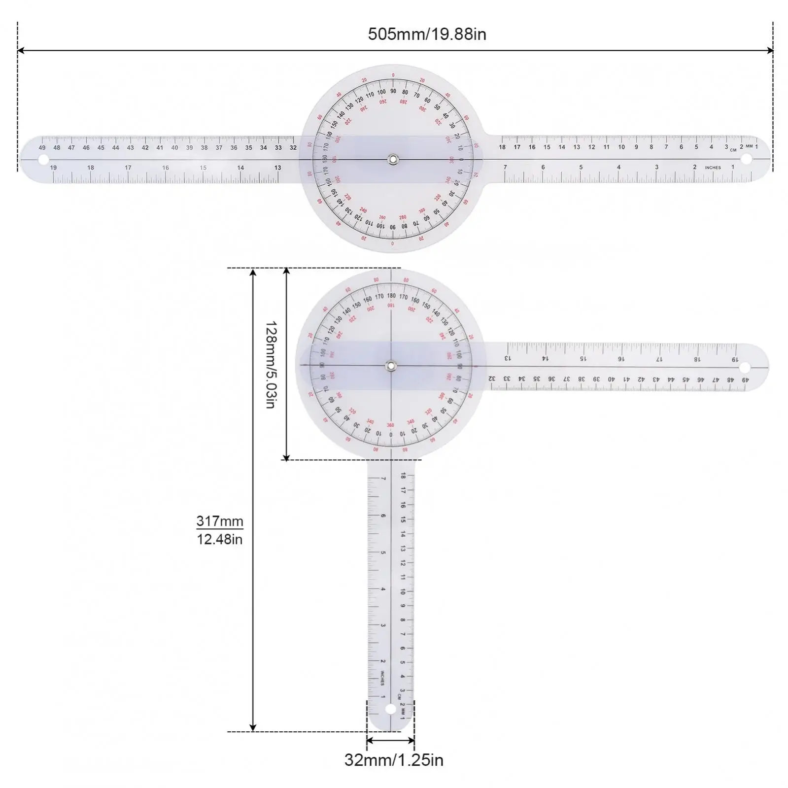 12 Inch 360 Degree Plastic Goniometer for Body Measuring /Goniometer Protractor, Transparent Orthopedic Angle Ruler