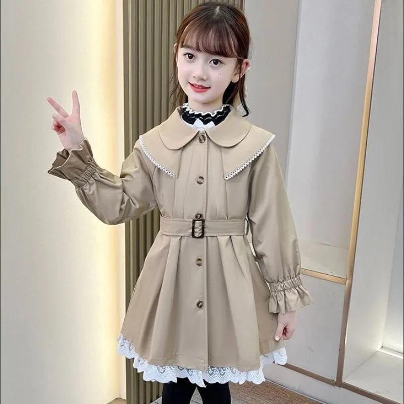 

2025 New Girls' British Style Mid Length Trench Coat for Spring Autumn Stylish Kids' Windbreaker with Belt Warm Lightweight