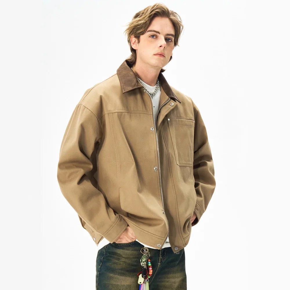 

Man Jacket Spring Autumn Vintage Contrast Color Turn Down Collar Male Outerwear American Long Sleeve Loose Men Cargo Coat