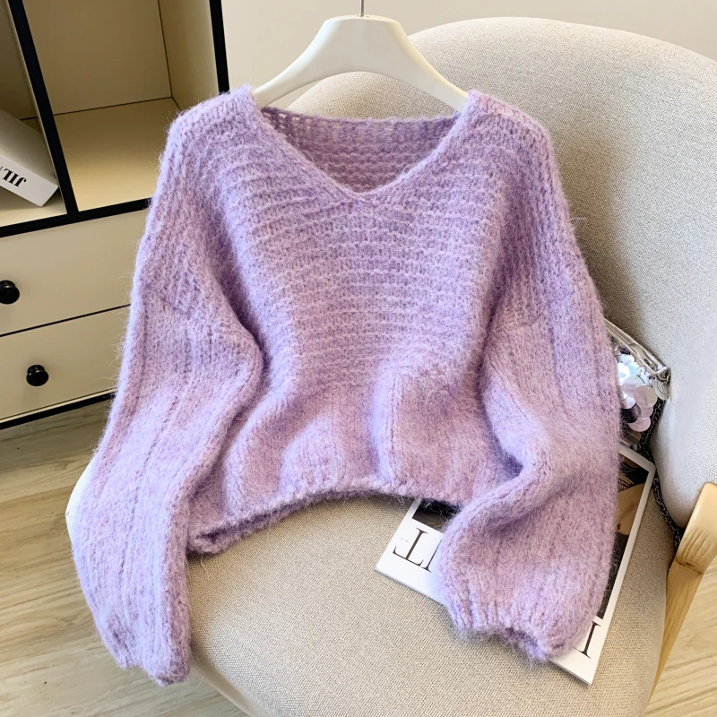 المرأة الأرجواني الخامس الرقبة سترة متماسكة سترة مريحة خمر الكورية نمط طويل الأكمام عيد الميلاد سترة الكشمير المعنقة 2000s الملابس 2025 #1