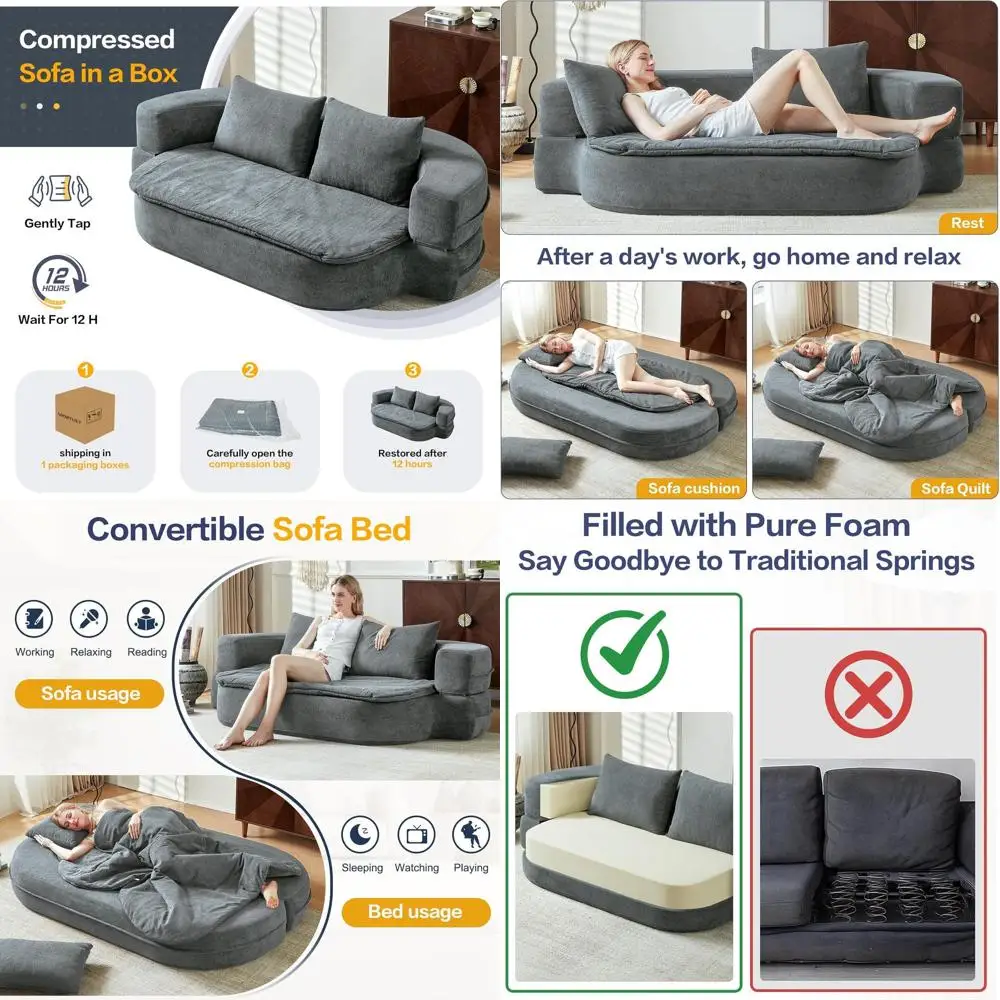 

79-дюймовый раскладной диван-кровать с подушкой и пледом, серый велюровый диван для гостиной