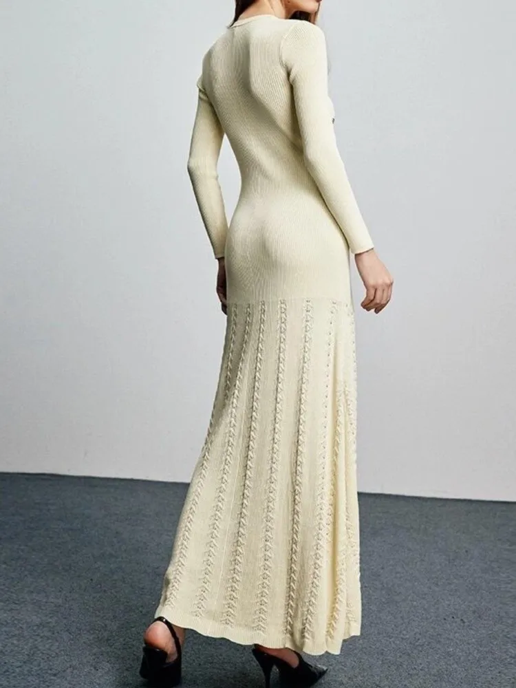 ผู้หญิงฤดูใบไม้ร่วงถัก Midi ชุด O-คอเดี่ยว Slim แยกสีทึบ Elegant Dresses Femme แฟชั่นงานแต่งงานพรหมเสื้อผ้า