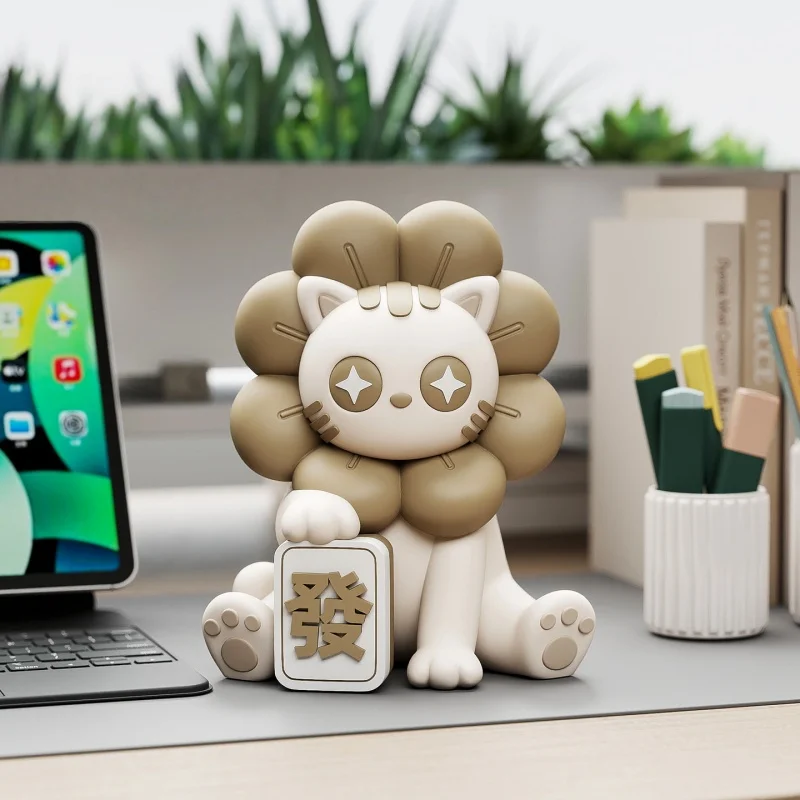 

Kawaii Lion Cat Lucky Figurine Fortune Cat Resin Statue Home Office Desk Decor Bookcase Feng Shui Wealth Ornament Creative Gift