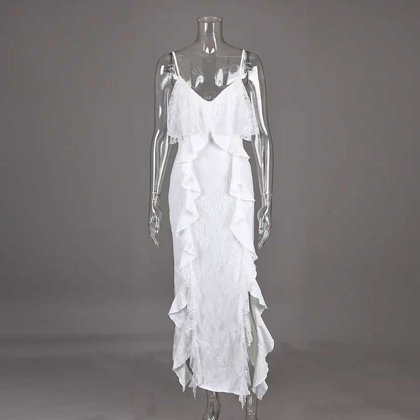 Vestido largo ajustado con abertura y borde con volantes para mujer, vestido Sexy sin mangas con escote en V profundo y tirantes, vestido bohemio de playa para verano