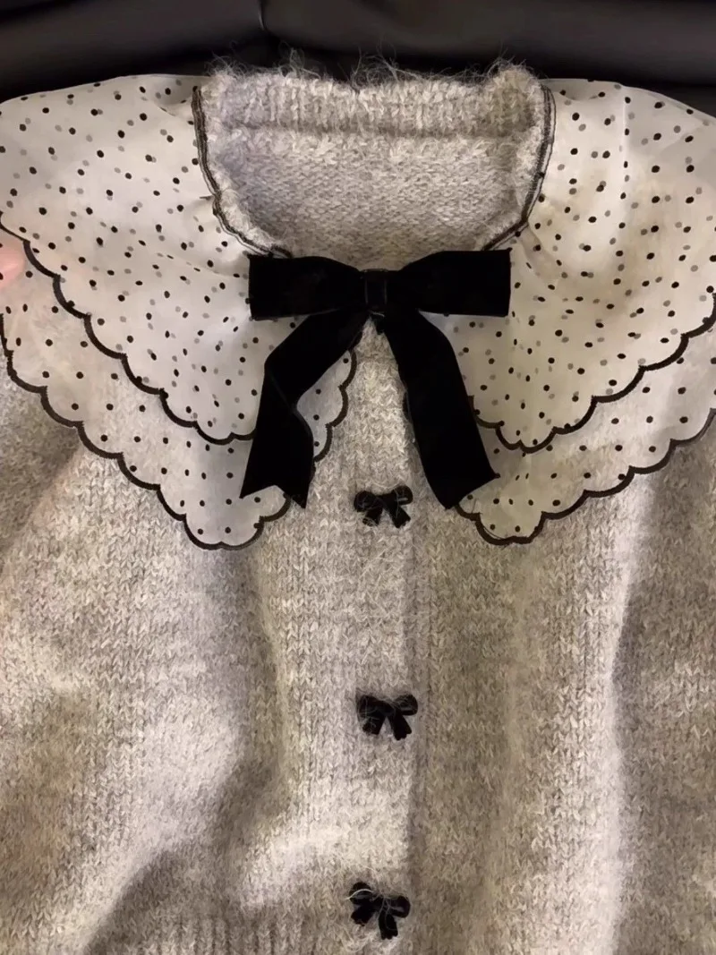 Vintage szary kołnierzyk dla lalek sweter dziergany kurtka Y2k ubrania Pull Femme Bow Polka Dot swetry dla kobiet znosić nowość