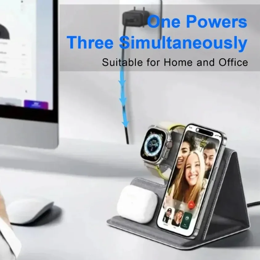 

Foldable Fabric 3 in 1 Wireless Charger Stand Travel Dock Holder for iPhone 15 14 13 12 Pro Max X 8 iWatc Fast Charging Station