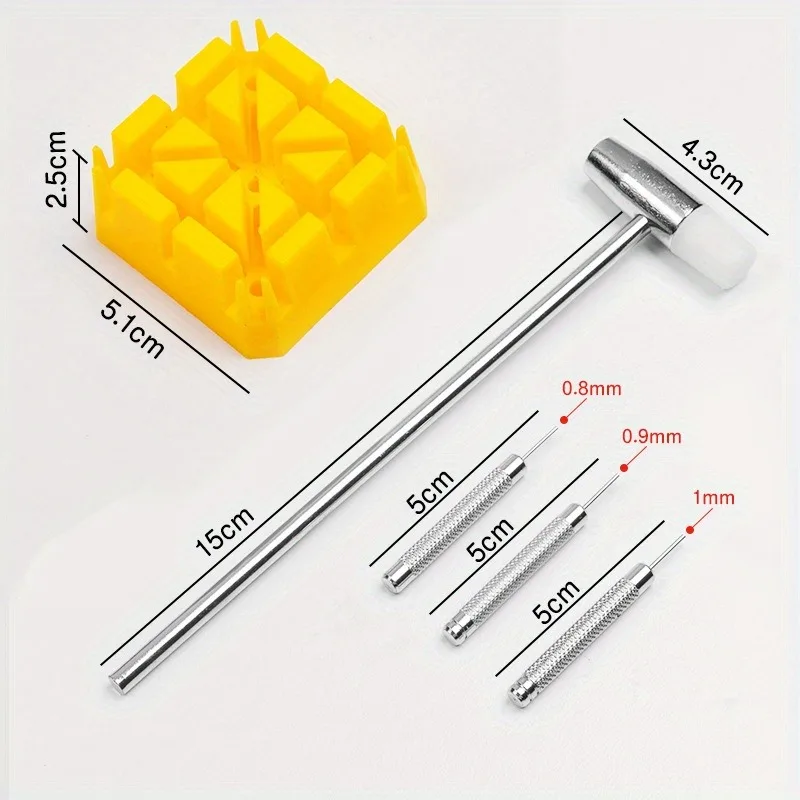 Watch Band Link Remover Kit Dual Head Hammer Band Holder Pin Punches (0.8, 0.9, 1.0mm) for DIY Watch Adjustments and Repairs