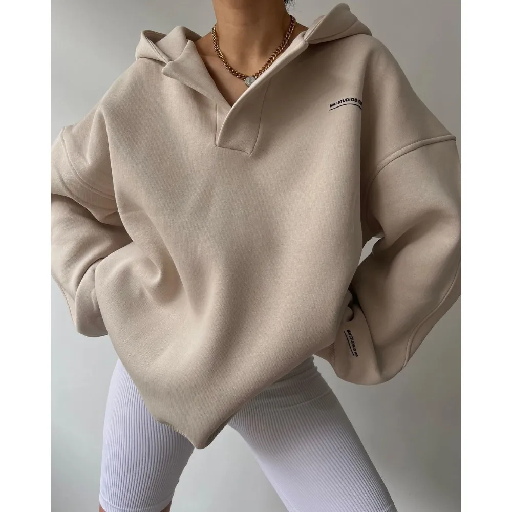 2024 New Long Sleeve Basic Oversized Hoodies V-neck Fleece Sweatshirt Hoodie Zip Up Hoodie Winter Clothes Women K Pop Streetwear