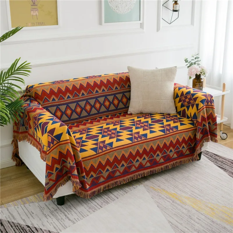Retro Plaid Winter Cotton Linen Woven Line Blanket Sofa Towel Knit Thickened Warm Pad Mat Bohemian Boho Throw Travel Bedspread