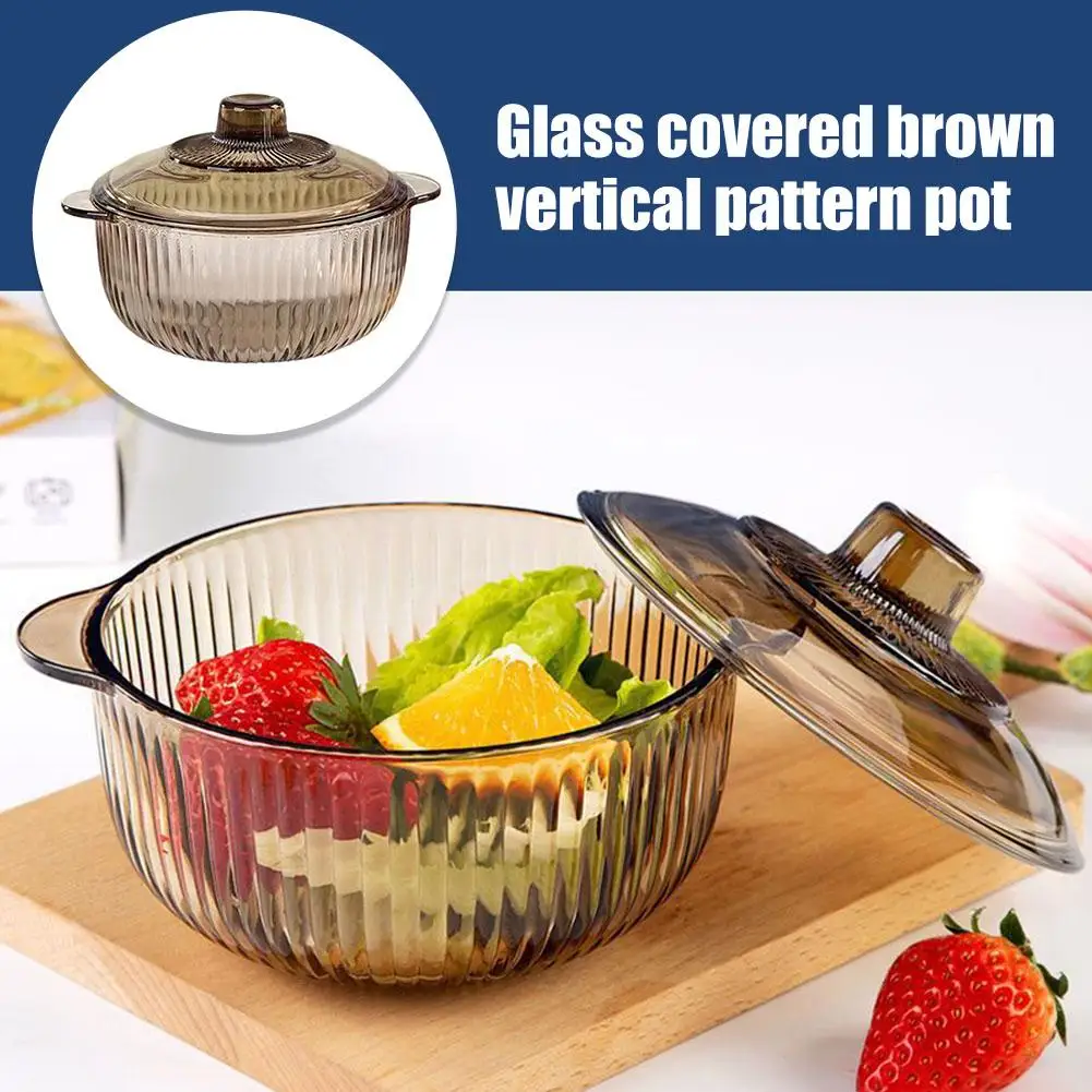 Amphora Glass With Lid Brown Vertical Pattern Bowl Microwave Use Salad Household Fruit Heat-resistant Instant Soup Noodles X7V1