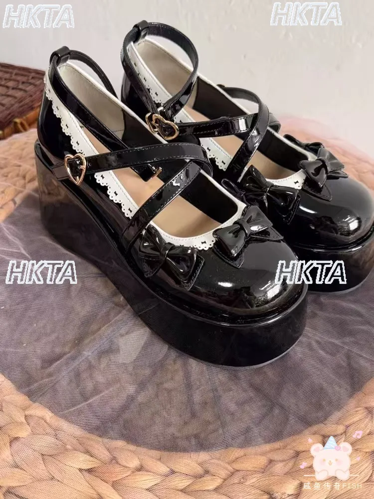 Japanese Lolita Sweet Cute Bow Strap Thick Sole Heightening Mary Jane Shoes Summer New Round Head Tower Buckle Black Shoes Women