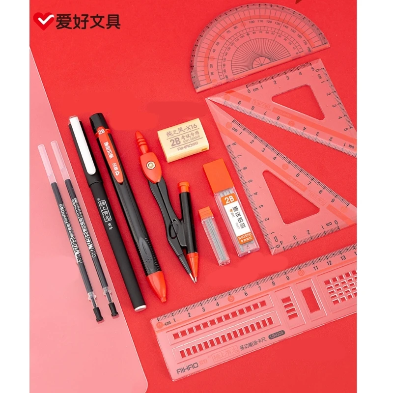 Geometry Set Math Set Drawing and Protractor Set with Gel Inks Pen/Eraser/Rulers for School, Exam Stationery Set