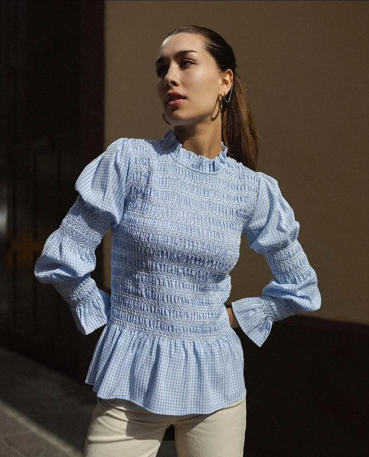 

Elegant French Chic Blouse Spliced Folds Slimming O Neck Long Sleeve Vintage Casual Blouses Top Temperament Minimalist Shirt