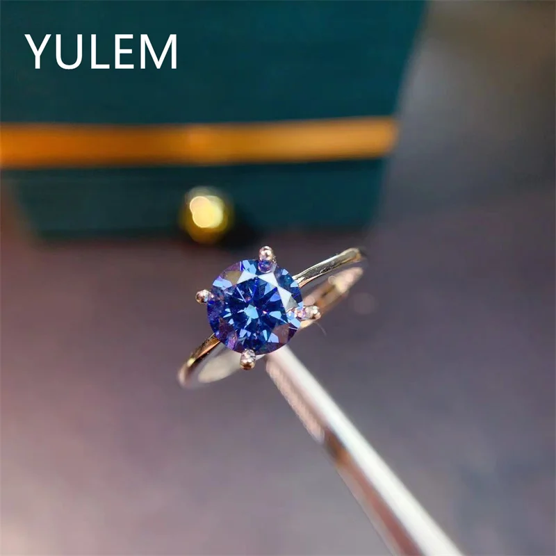 Royal Blue Moissanite Ring 1Carat 6.5mm Round Excellent Cut Tester Past Blue Moissanite Ring Wedding Jewelry