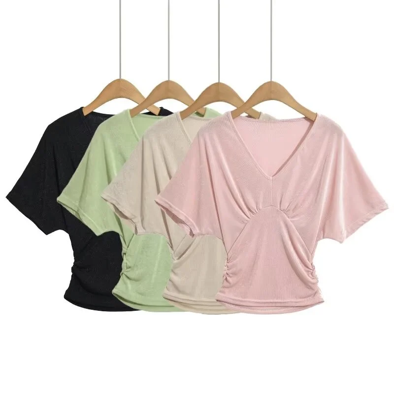 Shiny Thread Tunic Top V-Neck Batwing Sleeve Knot Design Slimming Short Sleeve Women's Summer Fashion Casual Versatile Base S...