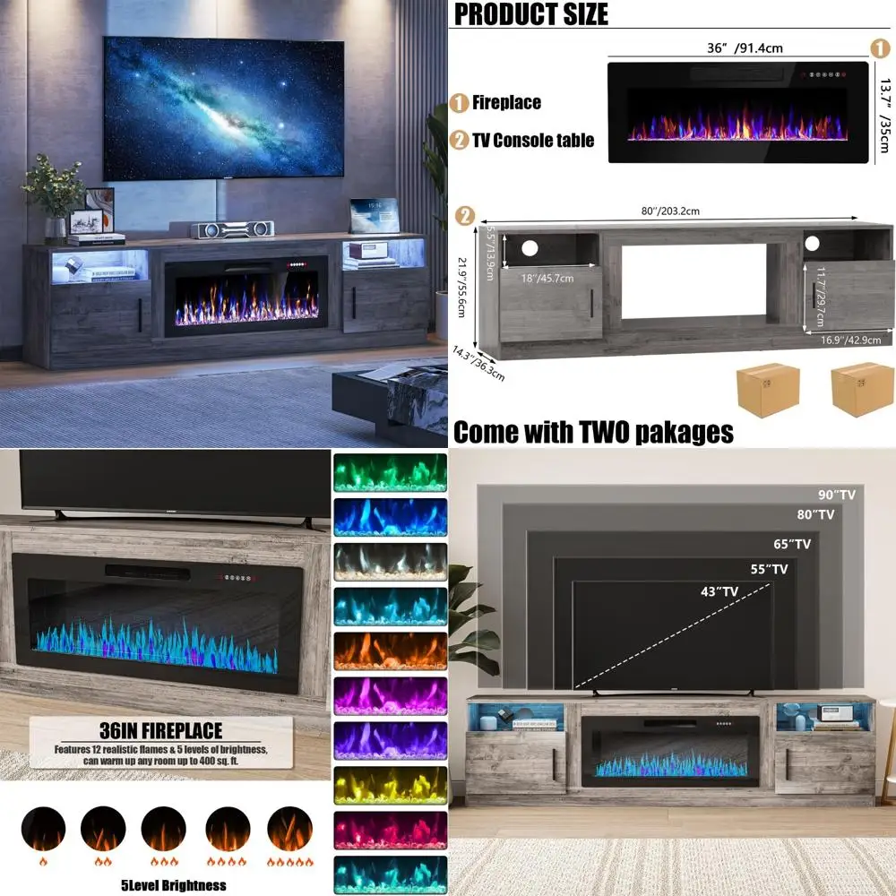 "Suporte de TV com lareira elétrica para TVs de 36 a 90 polegadas, centro de entretenimento com luz LED, lareira moderna de madeira brilhante de 80 polegadas"