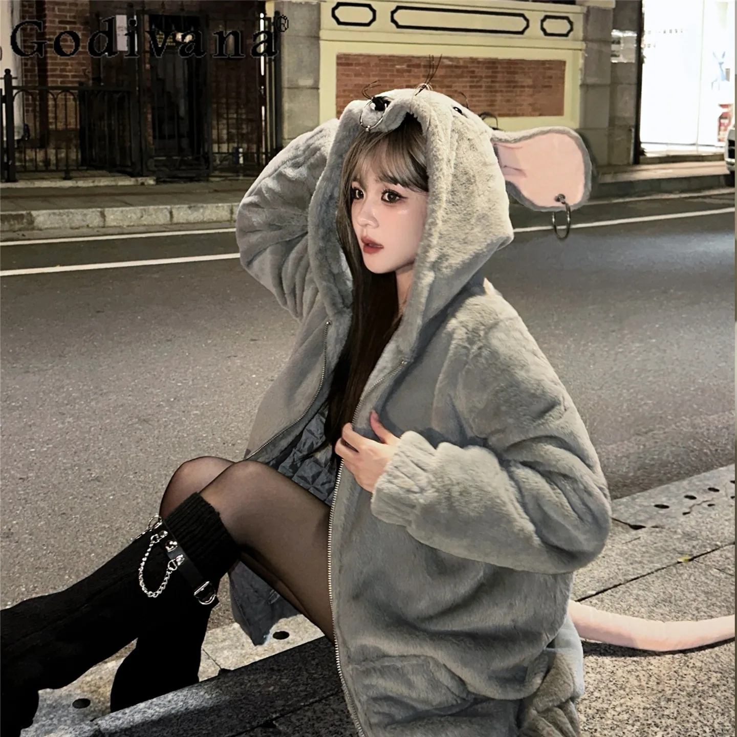 Halloween Weihnachten Cos Plüsch Jacke Winter Neue Subkultur Y2K Zip Mit Kapuze Faux Pelz Jacke Hot Girl Punk Stil Pelz Mäntel Frauen