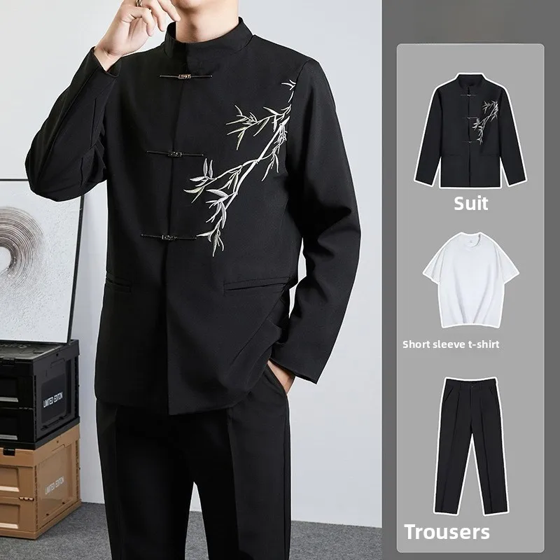 

Мужской костюм весна-осень с воротником-стойкой в китайском стиле, свадебный комплект, модная ретро-одежда для мужчин, модель Bathtub