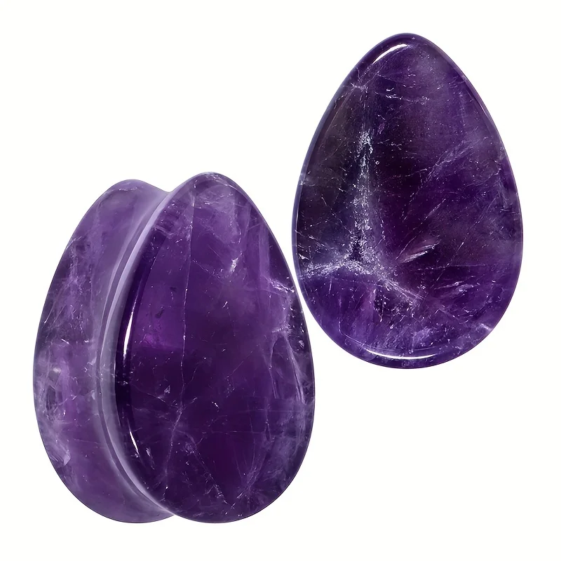 1 Pair Of Water Droplet-shaped Amethyst Stone Earplugs Gauges Tunnels Strecher Expander Piercing Jewelry For Men Women 6mm-16mm