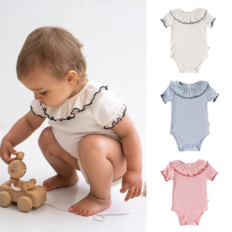 Baby Girls' Summer Triangular Bodysuit Pure Cotton Baby Bodysuit with Cute Ruffled Collar Thin Clothing  Infant Outings Trend