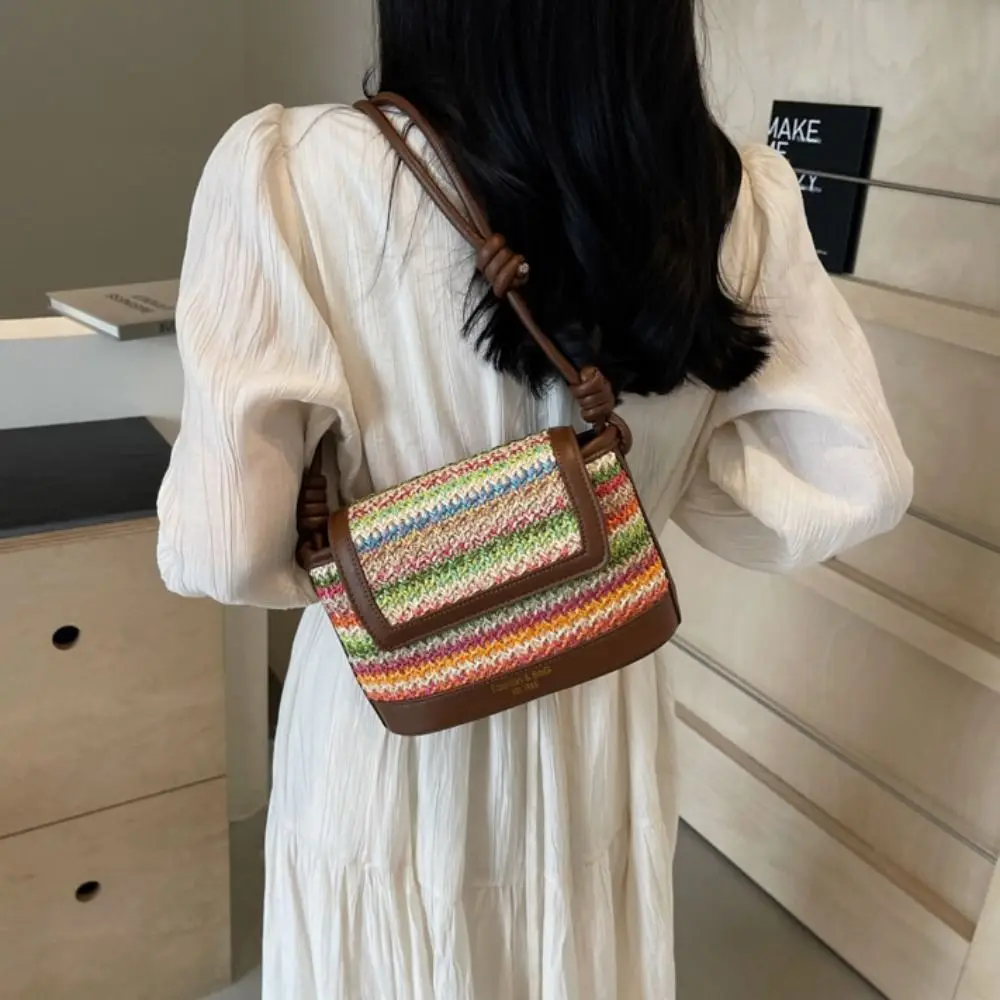 

Trendy Large Capacity Weave Bag Shopping Bag PU Leather Straw Bag Colorful Fashion Bohemian Shoulder Bag Girls