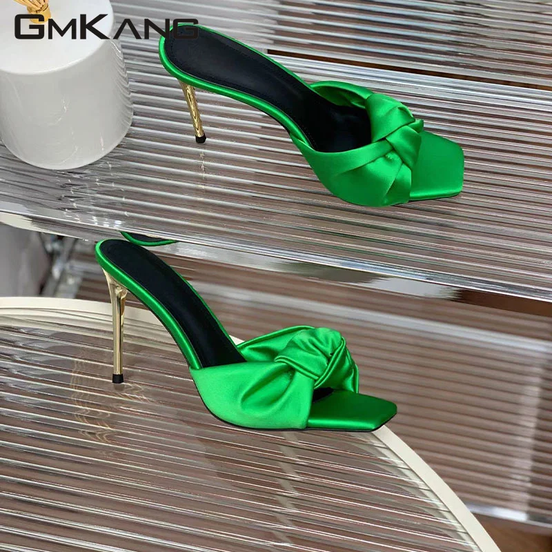 New High Heel Slippers Women's Crystal Nailed Round Heel Sandals Women's Satin Ankle Strap High Heel Track Shoes Summer Sandals