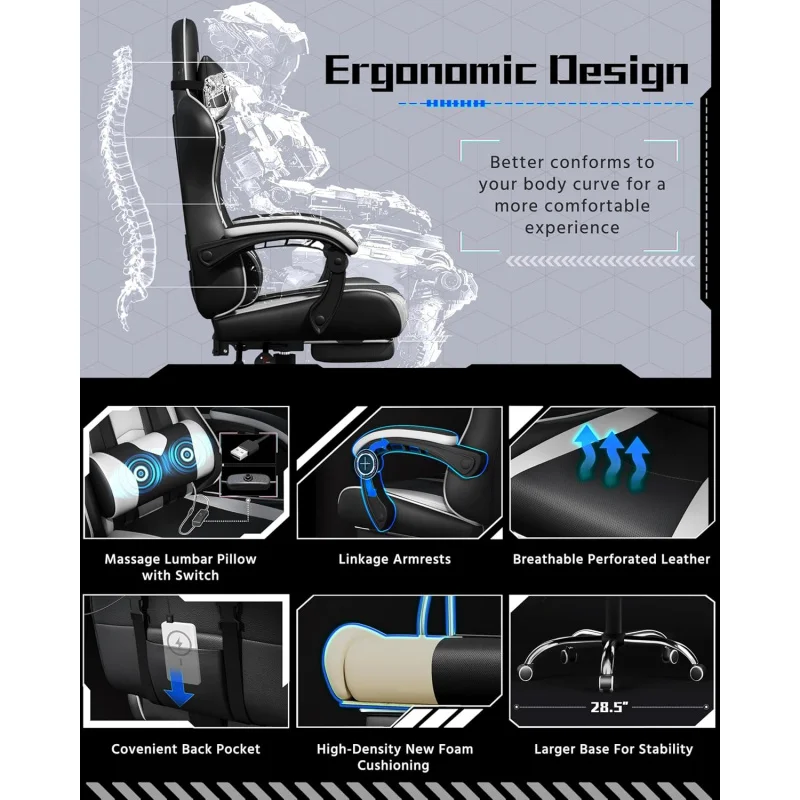 Video Game Chair with Massage Lumbar Support and Footrest Height Adjustable Ergonomic Computer Gaming Chair with Swivel Seat .