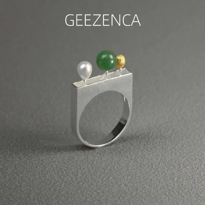 

GEEZENCA 925 Sterling Silver Two Tone Natural Aventurine Pearl Women's Ring Original Design Minimalism Chic Rings 2024 New Gift