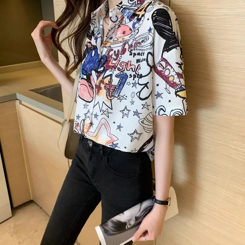 Women Summer Fashion Loose Printing Trend Polo-Neck Short Sleeve Shirts Women Clothes Casual All-match Appear Thin Thin Top Tee