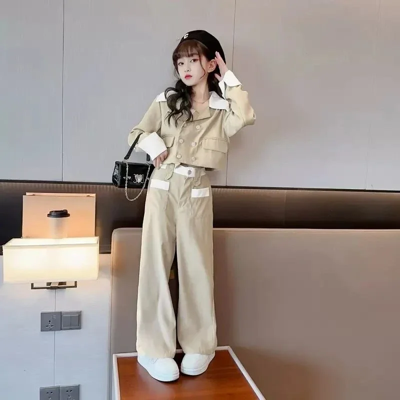 Girls Blazer Suit Set with Wide Leg Pants Trendy Preppy 2 Piece Outfit for Kids Spring Autumn School Style Kids Formal Clothing