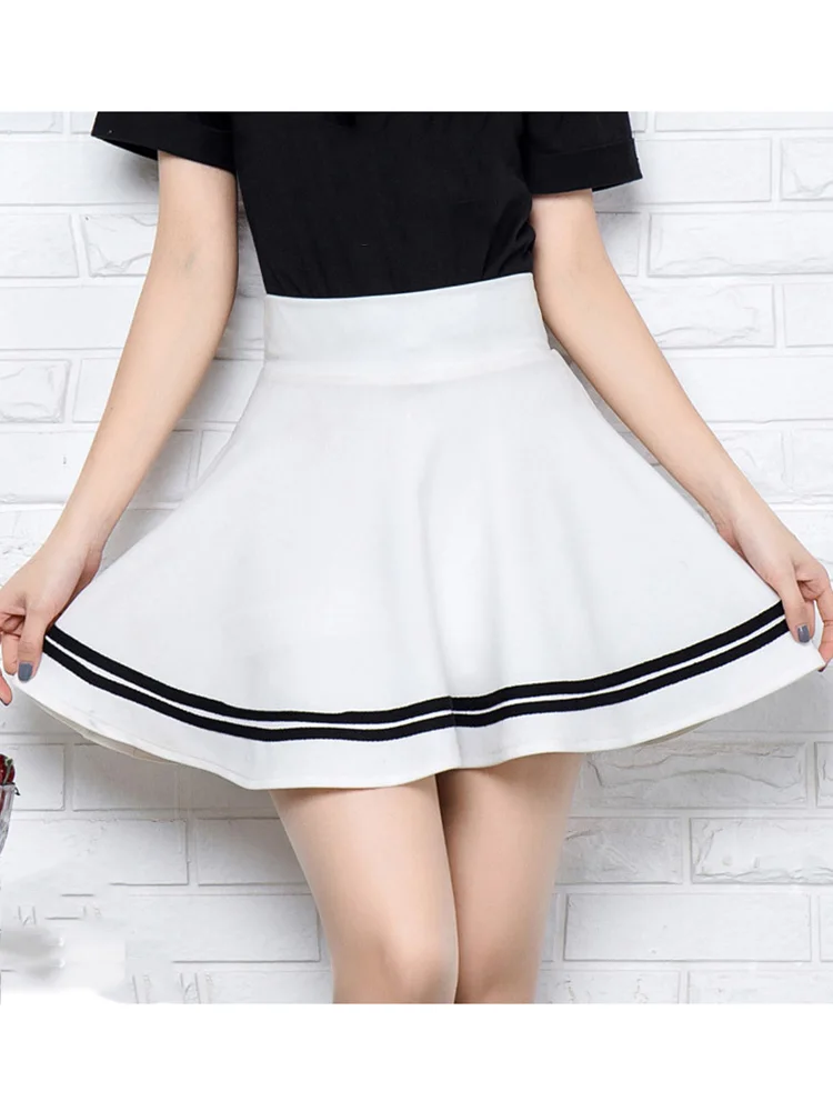 Summer Stripe Style Black Pleated Ladies Mini Skirt Women Elastic Sexy Girl Short Feminina White