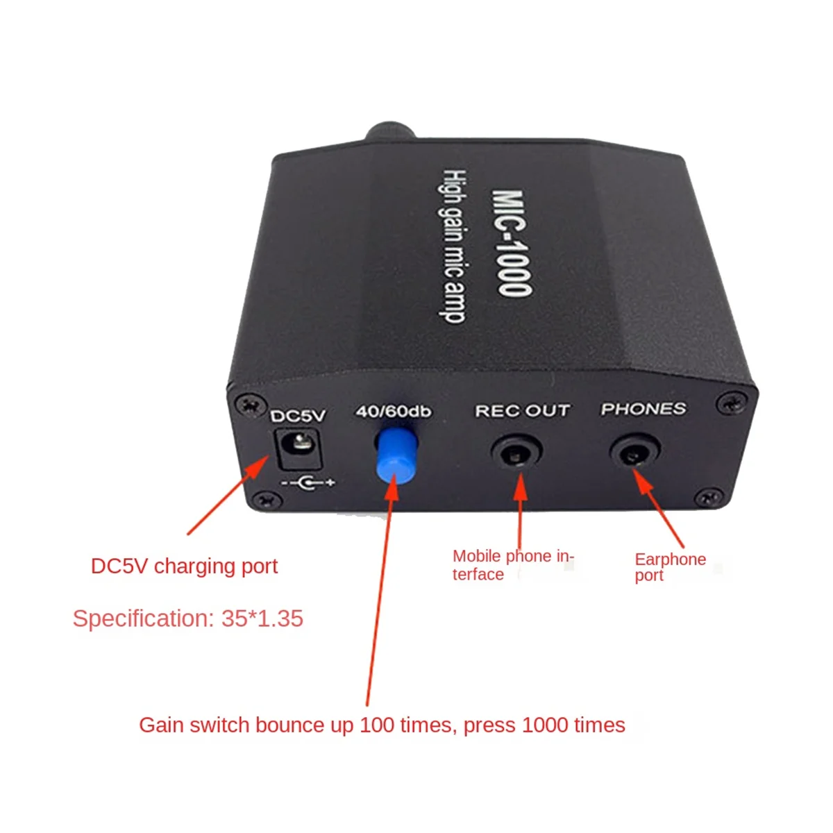 Microphone MIC-1000 Audio Amplificateur Gain 1000 fois Amplification Stéréo Audio Signal Pré-Amplificateur Conseil