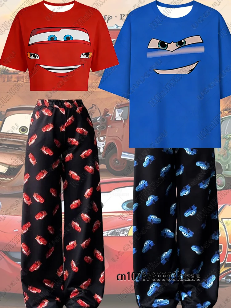 

Комплект пижамы 2026 Lightning McQueen & Sally: Милый кавайный укороченный топ и шорты, повседневный модный комплект для пар