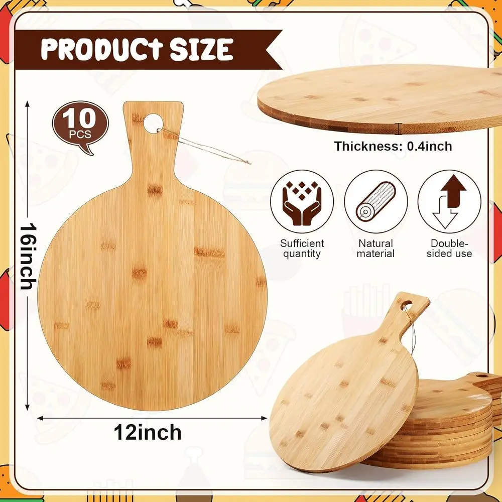 12 Bamboo Round Cutting Board with Handle, Set of 10, Ideal for Kitchen Prep, Baking, and Serving Pizza, Bread, Cake, Cheese, Fr