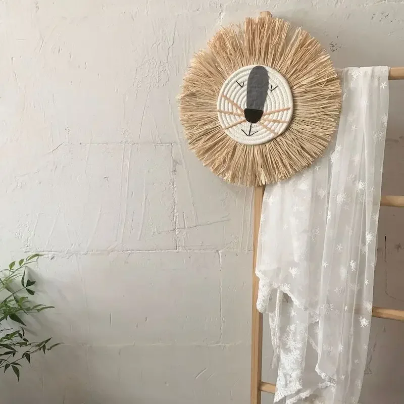 INS Nordic Handmade Cartoon Round Lion Hanging Decorations Cotton Thread Raffia Animal Head Ornament Children Room Wall Mounted