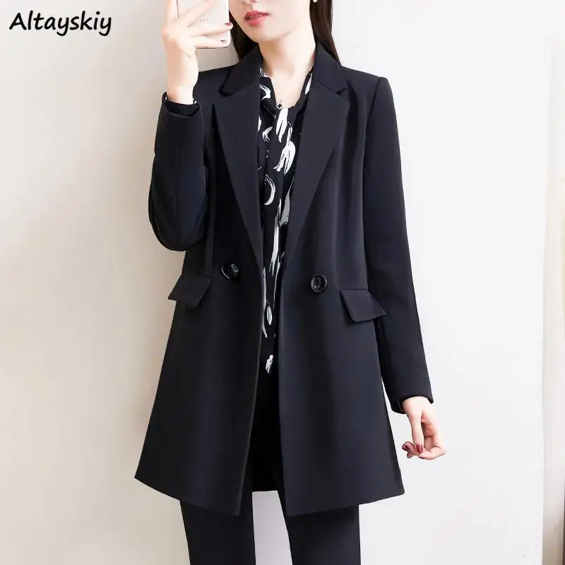 Black Long Blazers Women Loose Office Lady Temper Mature New Spring Leisure Notched Chic Design Fashionable Classic Korean Style