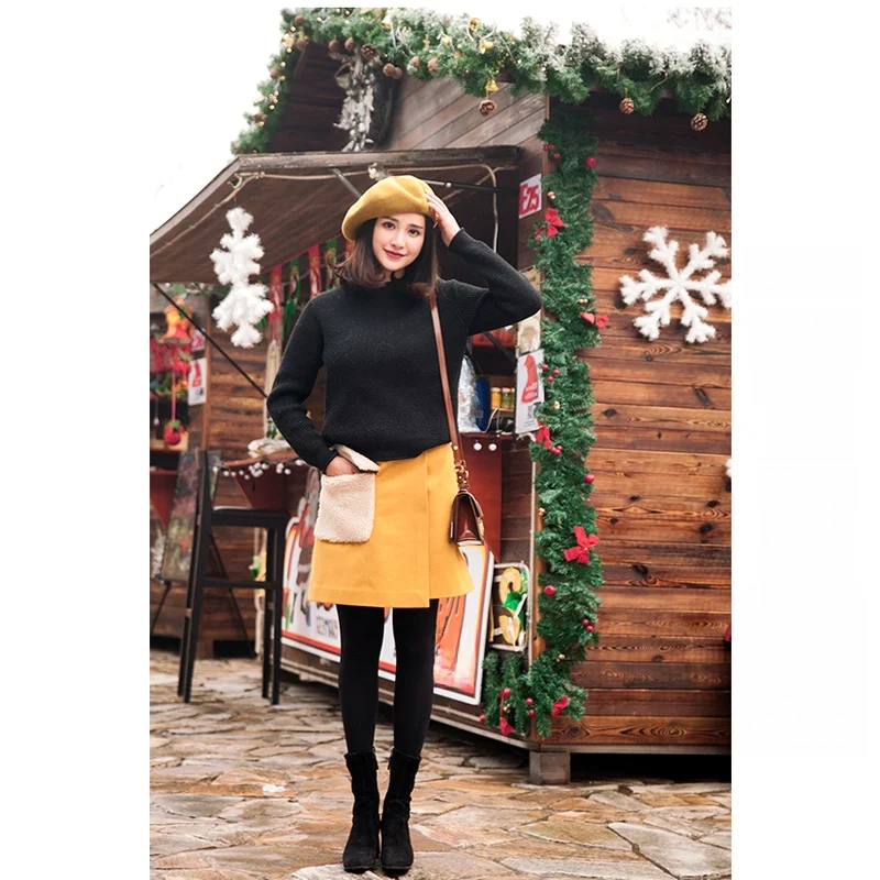 

Elwing Original New Product Vintage High Waist A-Line Skirt Irregular Woolen Skirt for Women Spring Summer Autumn Pure C...