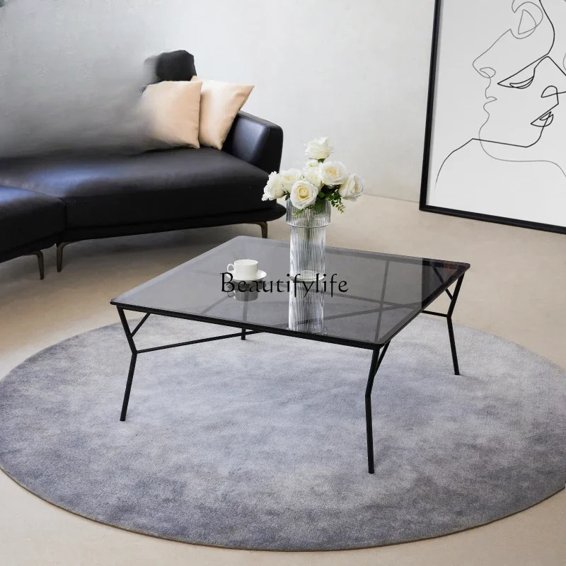 

12Light Luxury Square Metal Tea Table Living Room Home Small Apartment Black Glass Tea Table