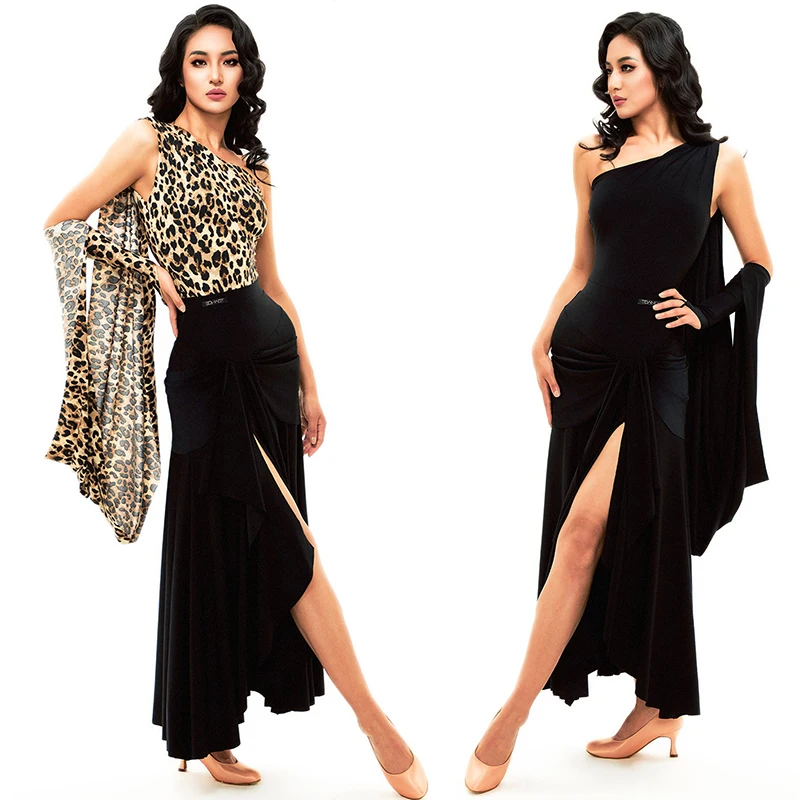 Stroje do tańca towarzyskiego, seksowny top z asymetrycznym dekoltem, spódnica, odzież treningowa, strój do samby, taniec nowoczesny, strój na występy DQL12347