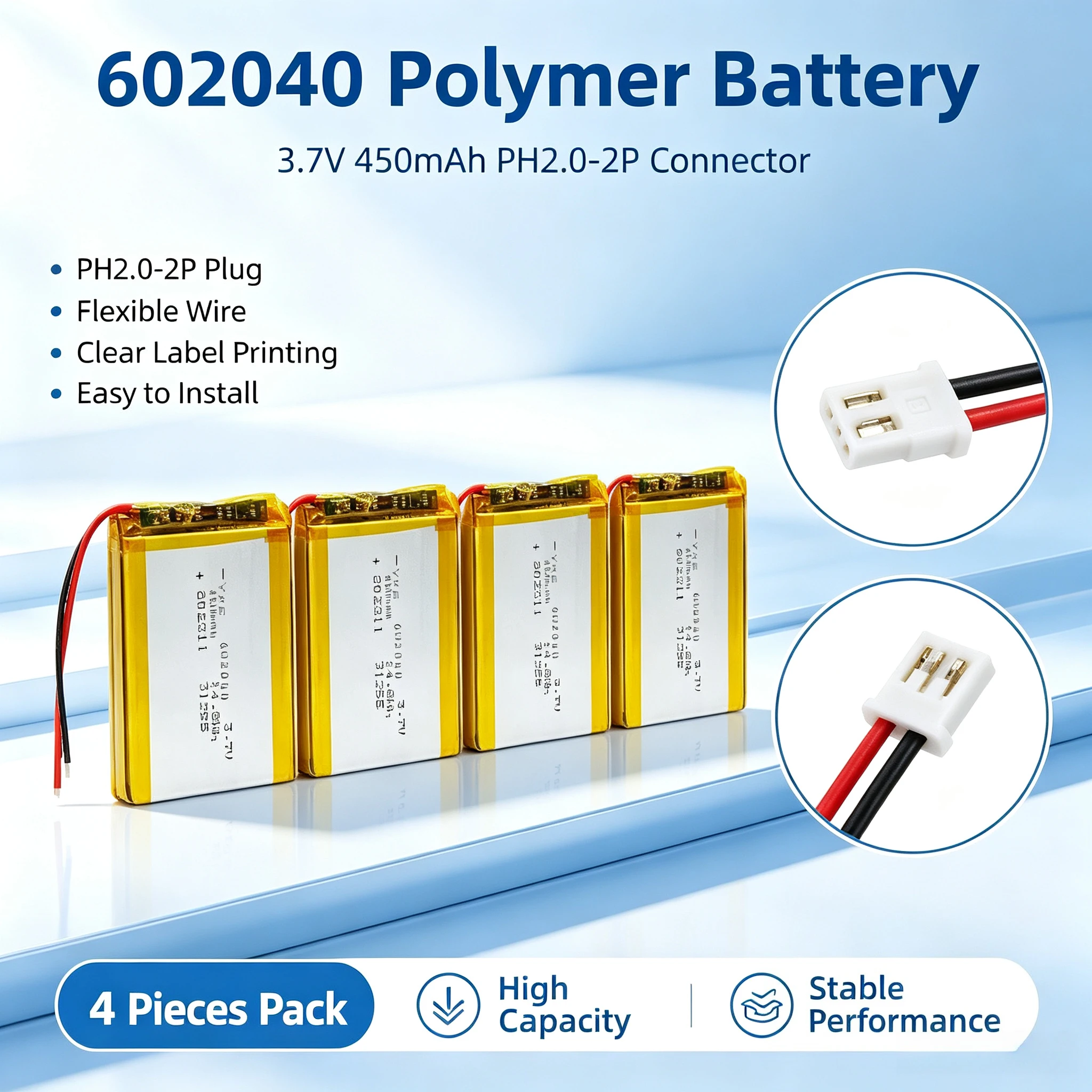602040 Lithium Polymer Li-ion Rechargeable Battery 3.7V 450mAh for GPS MP3 MP4 MP5 Car DVR Tachograph Headphone Li Ion Cell