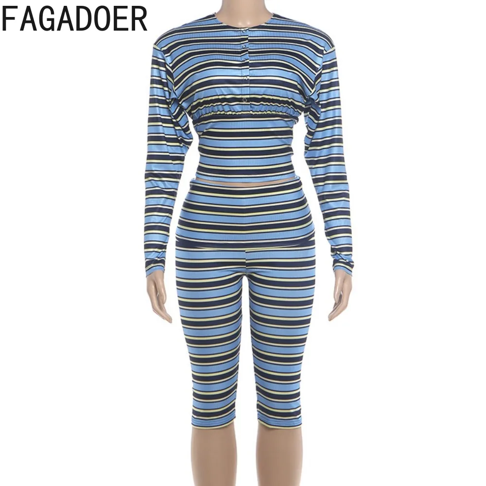 FAGADOER Women Striped Print Two Piece Set Long Sleeve Crop Top High Waist Slim Capri Pants Casual Streetwear Matching Outfit - view 5