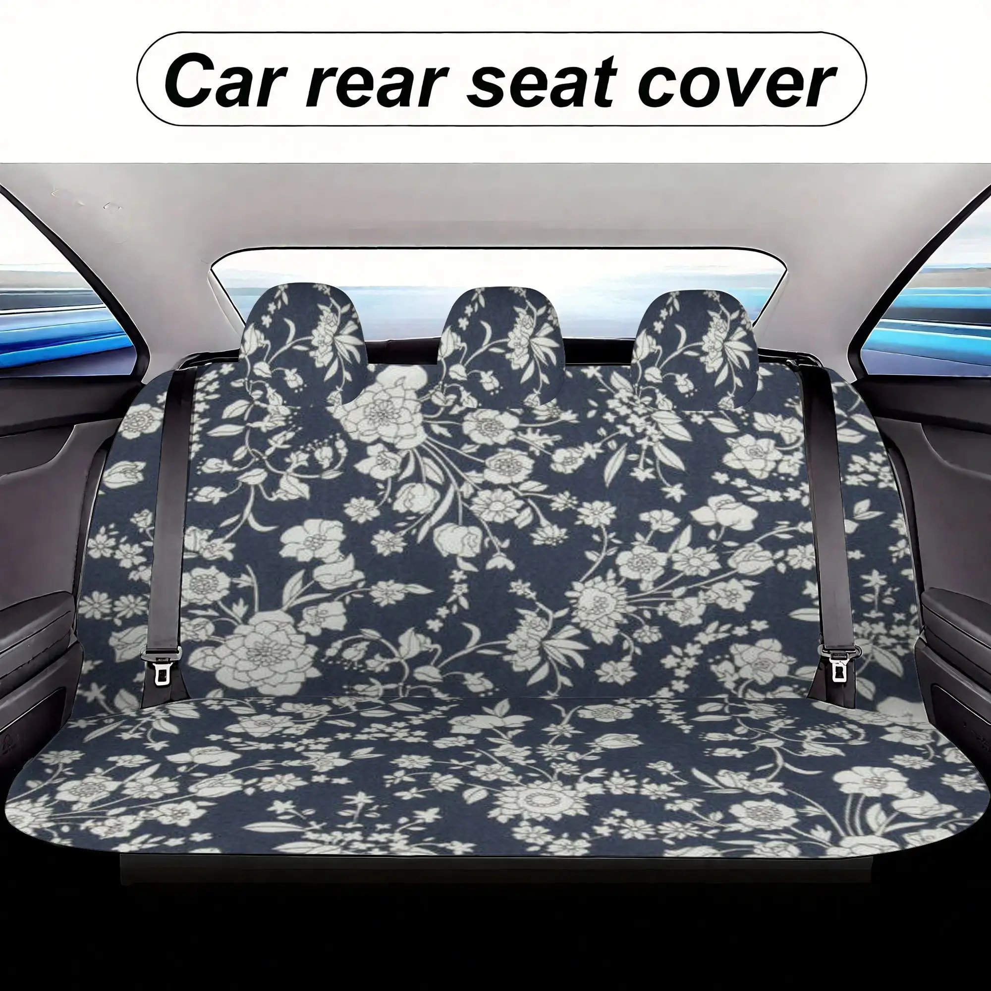 Complete Set Of Additions For A Five-Seater Car With Navy White Floral Design, Including Covers For Two Front Seats, Three Headr