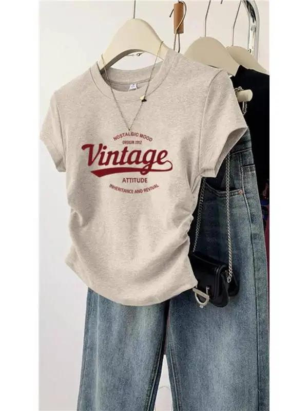 

American Style Short Sleeve T Shirts Women Summer Commute High Quality Tee Letter Printed High Waist O-Neck Top