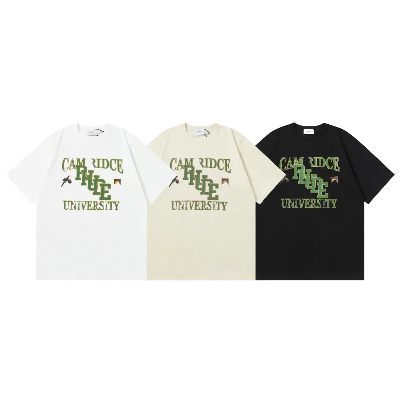 New Arrival Vintage RHUDE Cambridge Inspired College T-shirt Crew Neck RHUDE Short Sleeve Cotton Casual Top with Green Text