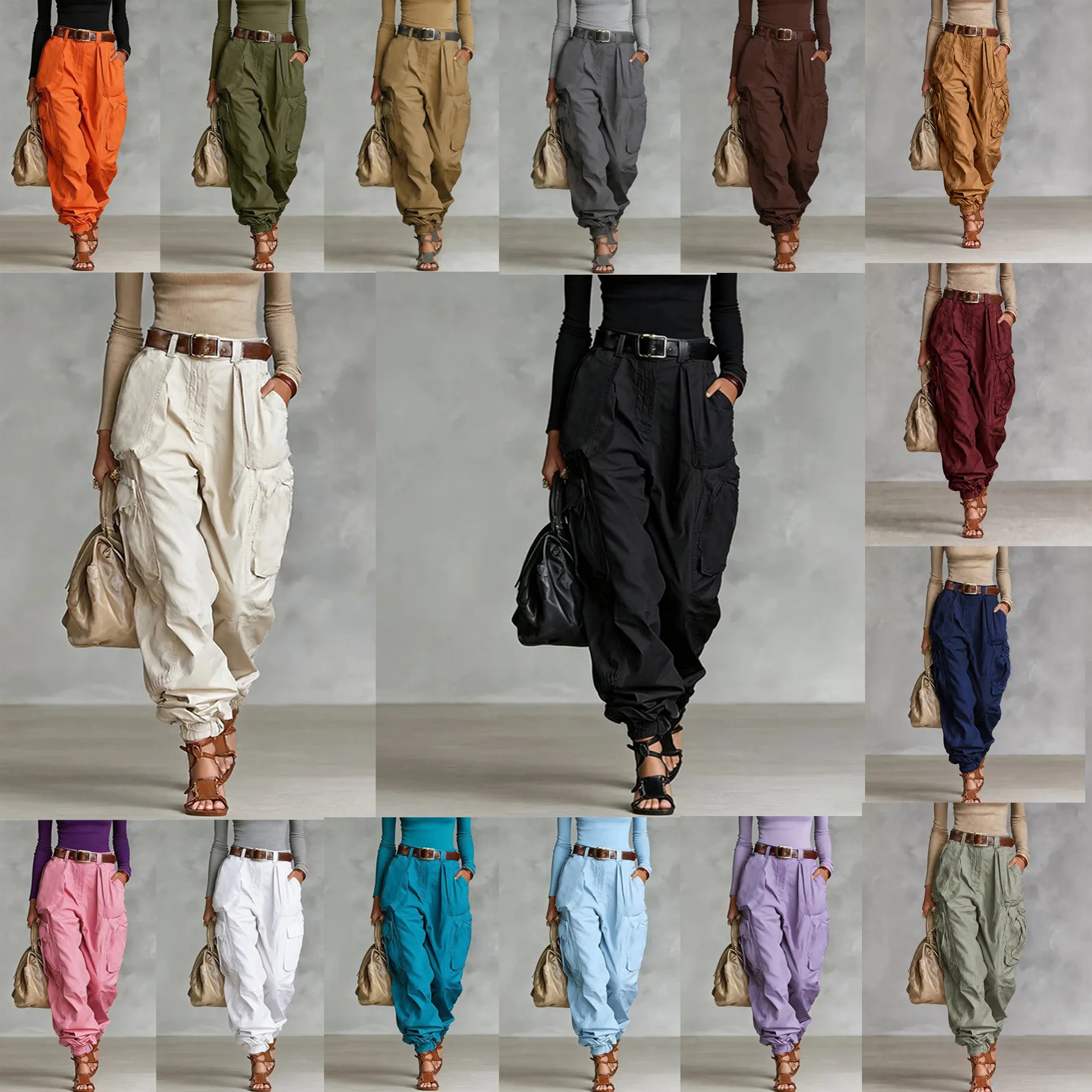 Vintage Casual Trousers Women Loose Multi-Pocket Cargo Pants Vacation Solid Color Sports Temperament Sweatshirt Overalls