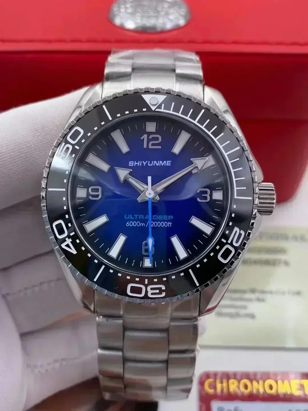 Relógio mecânico automático masculino 45mm azul preto moldura de cerâmica safira aço inoxidável relógio extra profundo relógio automático