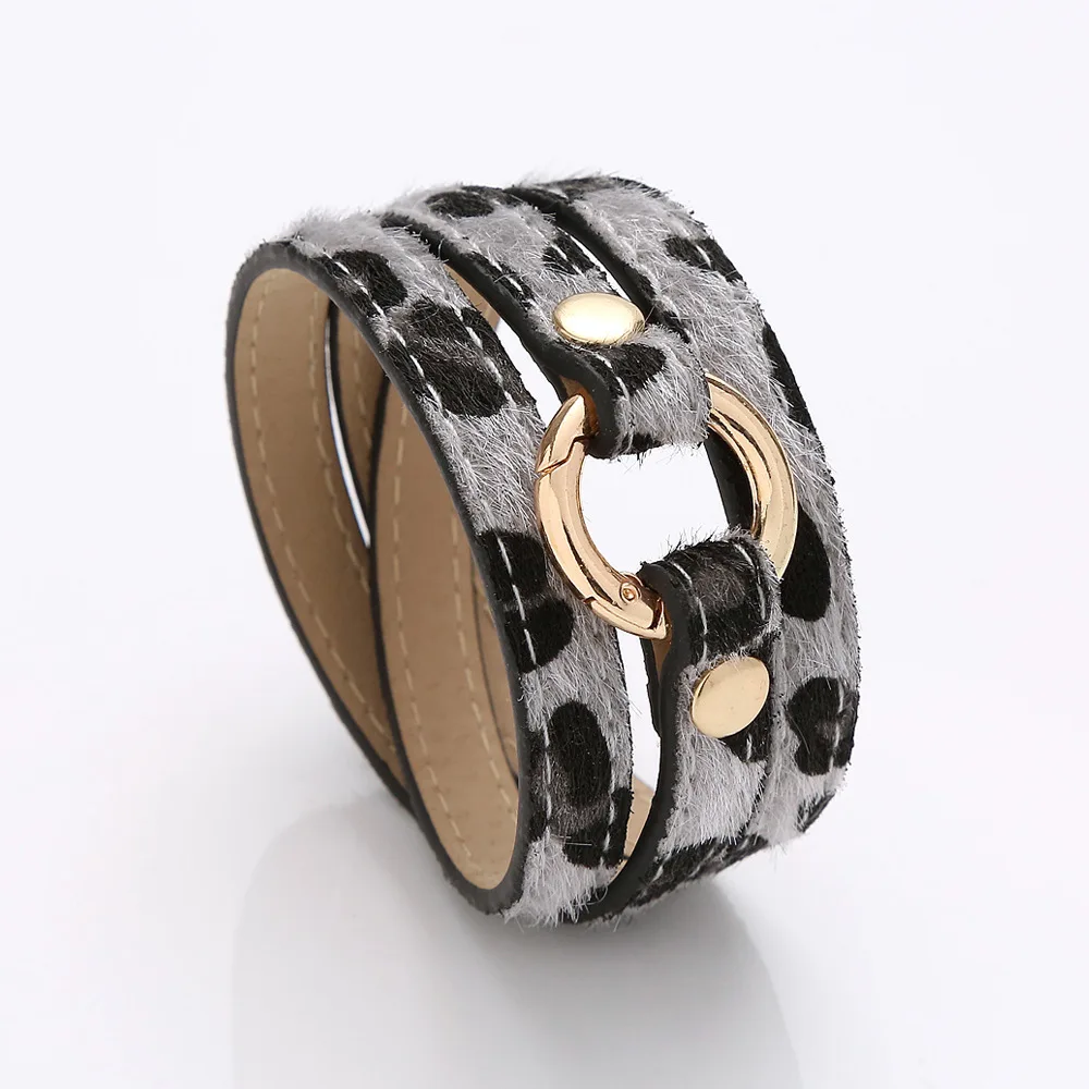 New Creative Fashion Punk Style Leopard Print Fur Leather Bracelets & Bangles Long Wrapped PU Bracelet Cuff Gift for Women Girls