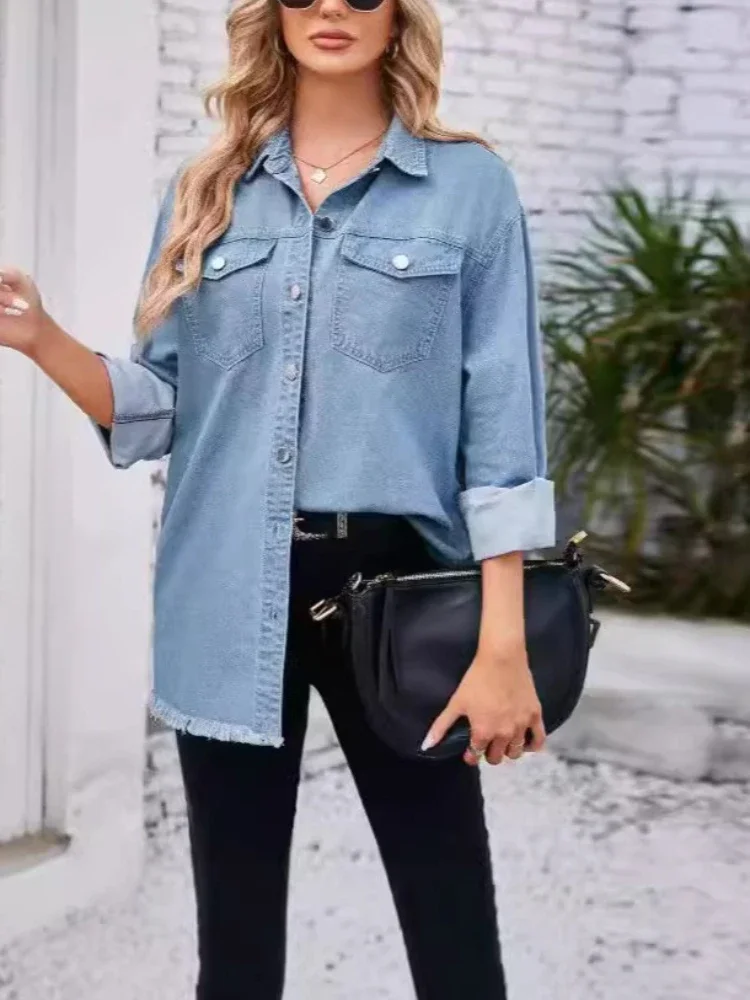 

New Spring Autumn Women Denim Coat Shirt Turn Down Collar Y2k Streetwear Open Stitch Jacket Single Breasted Casual Loose Blouse