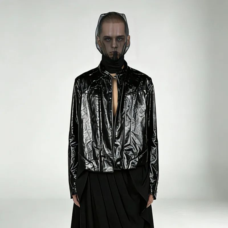 HKSH Autumn New Men Tide Dark Waste Land Dark Geometric Split Crack Patent PU Leather Jacket Women Trendy Chic Ins Coats HK18114