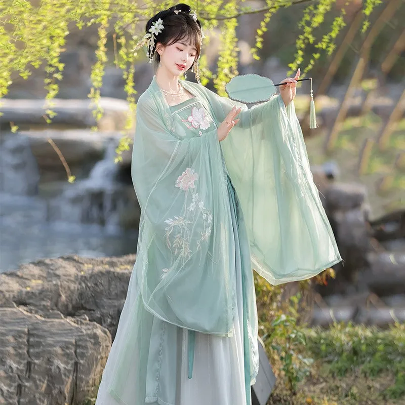 Nouveau Hanfu femme style chinois ancien double couche grande manches chemise taille longueur ensemble complet vêtements
